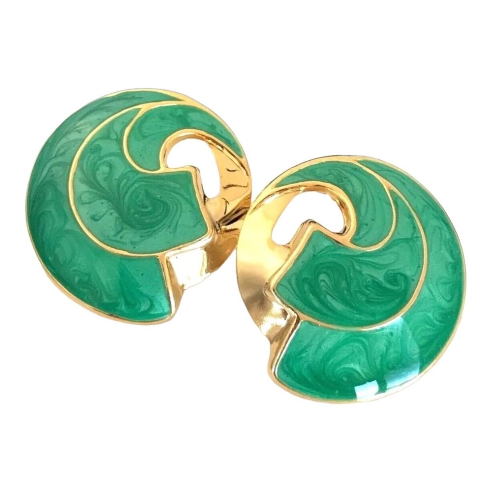 Vintage 1980s Green Enamel Swirl Earrings Gold Tone Pierced NOS - 7L